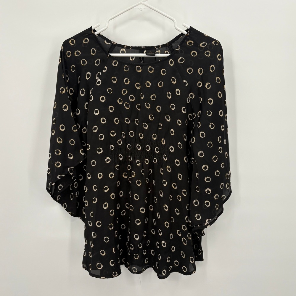 Nue Options Petites Black Circle Print Smocked Waist Flutter Sleeve Blouse PL